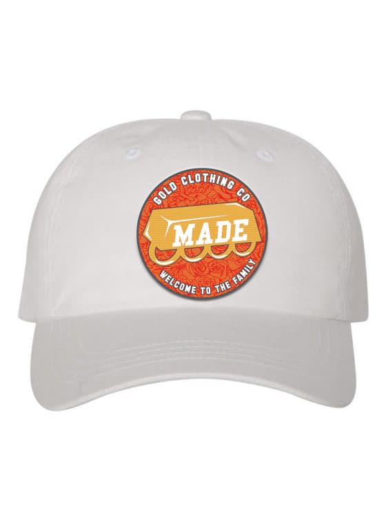 white and gold dad hat